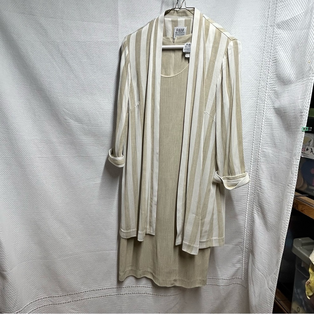 Vintage R&M Richards Beige Striped Dress and Jacket Set Womens 10